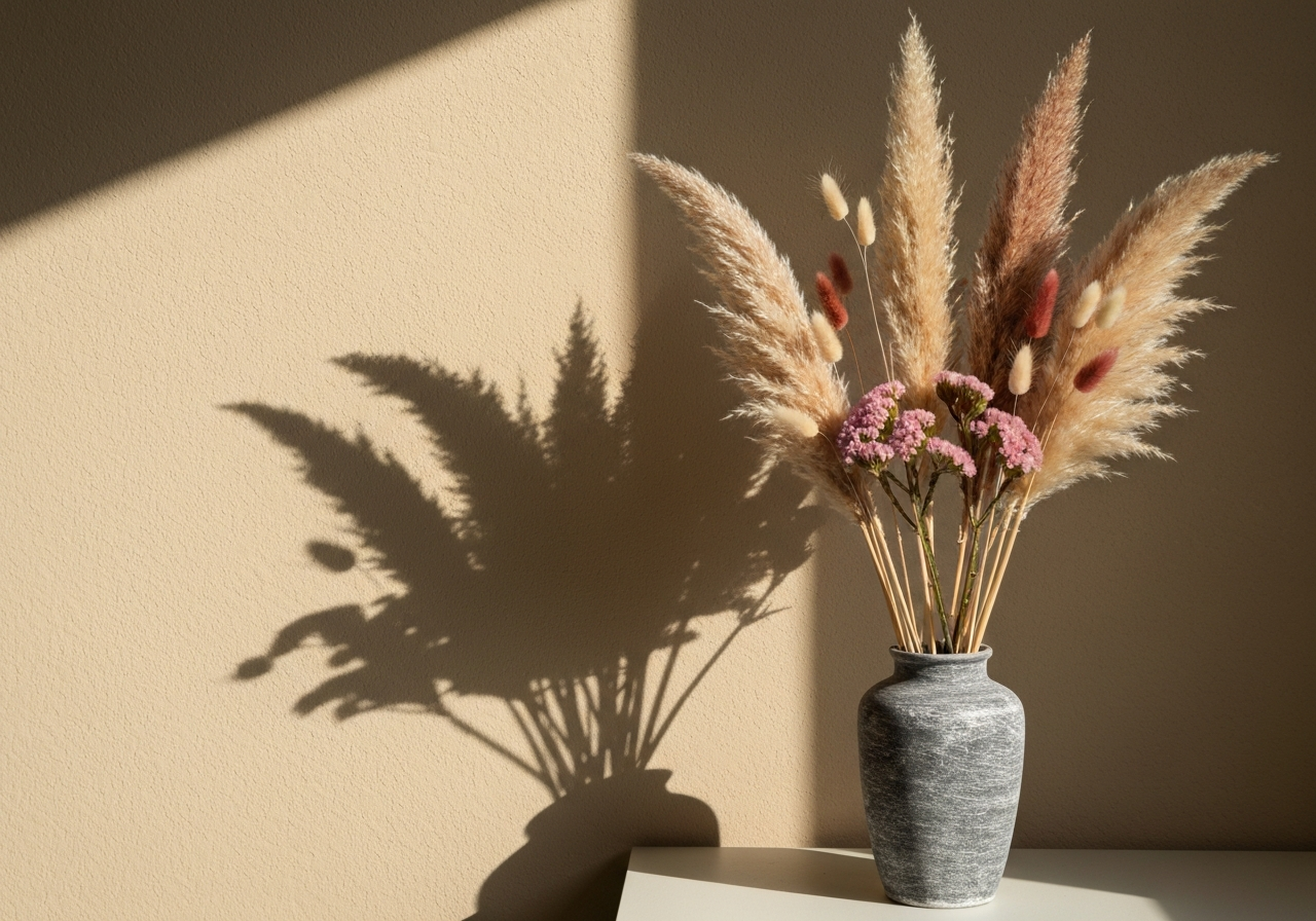 Bouquet de pampa et statice sur mur clair