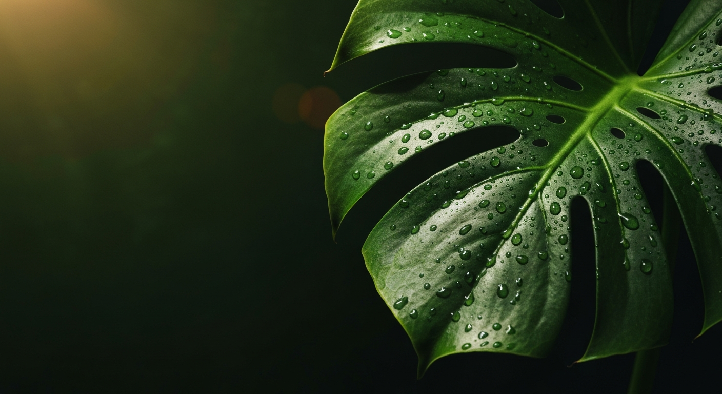 Macro botanique d'une feuille de Monstera traversée de lumière