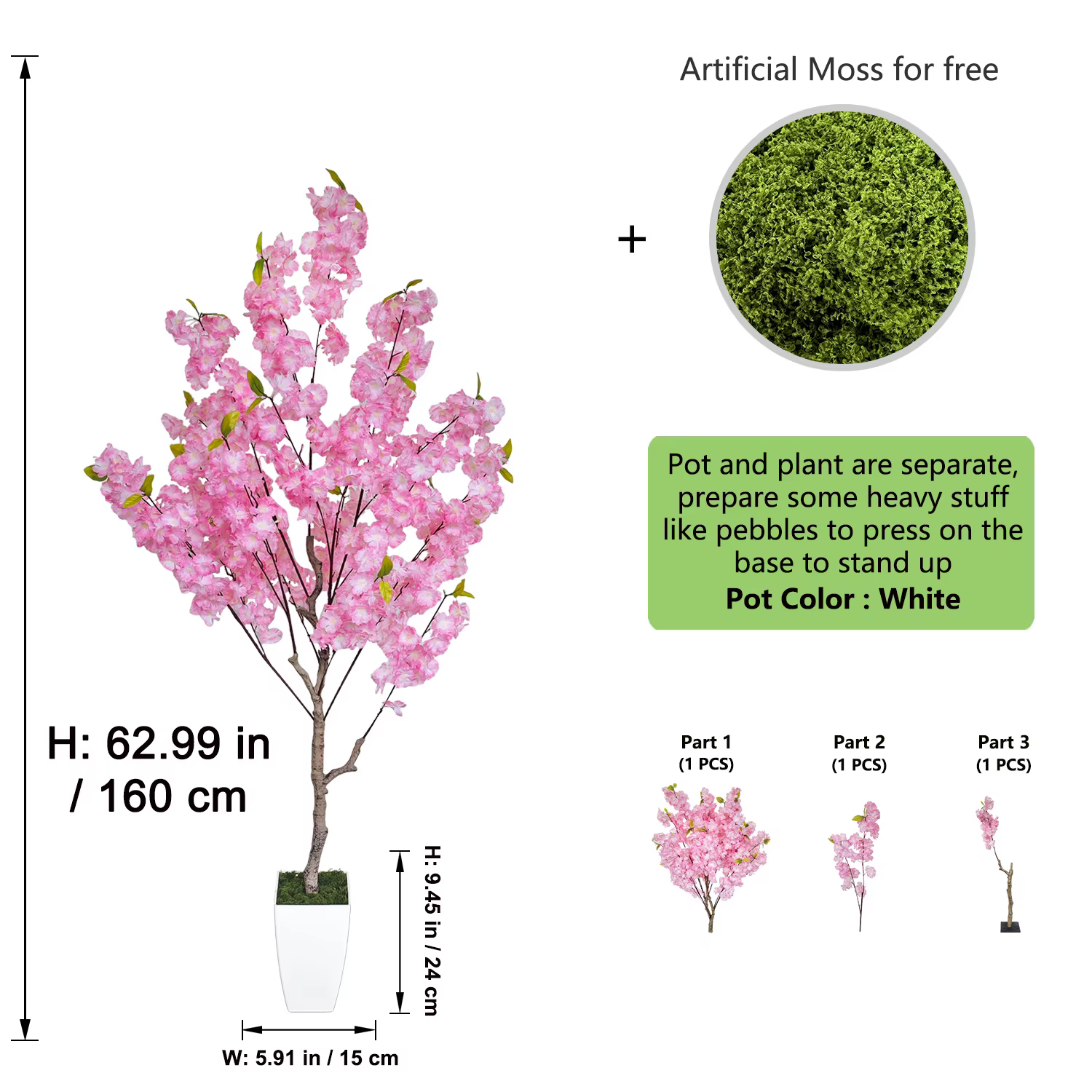 Arbre artificiel de cerisier rose de 1,57 m à 2,10 m en pot avec feuilles, plante artificielle Sakur