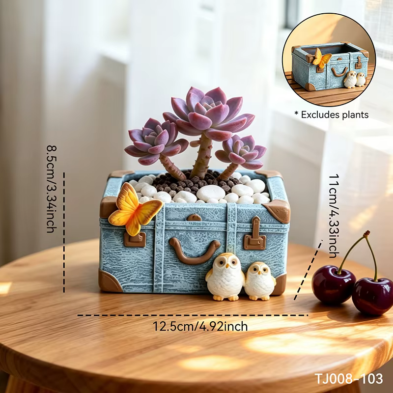Pot à succulentes en résine style coffre antique avec détails d'oiseaux et de papillons, joli récipi