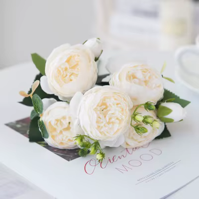 1 Bouquet de 9 Têtes de Fleurs Artificielles en Soie (Pivoine, Rose Thé, Camélia) pour la Décoration