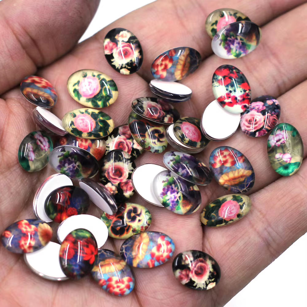 Cabochons Cameo Base Glass Flat Back Photo, Ovale Rose Flower Angle, DIY Jewelry Finding, 10x14mm-30