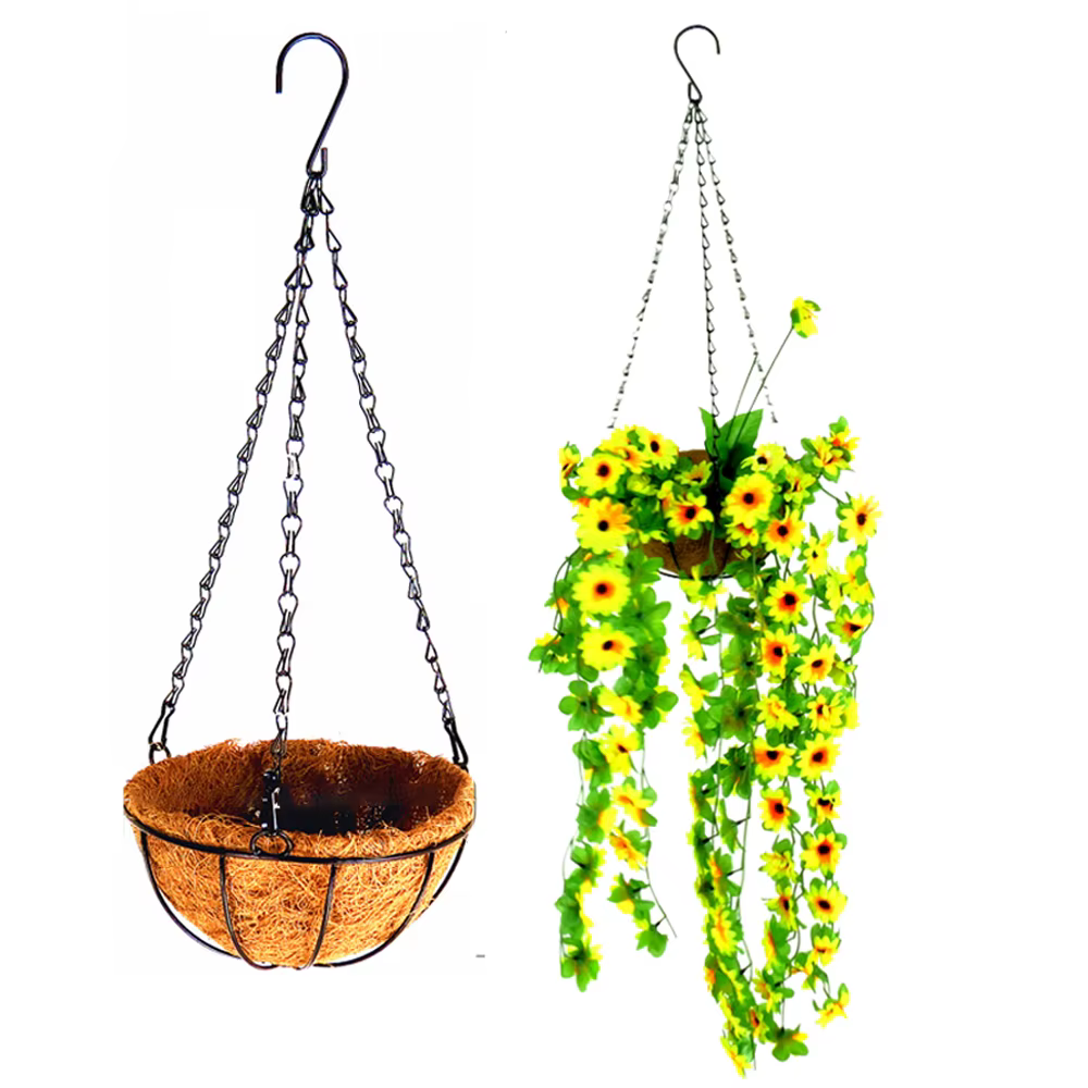 Panier de jardinière suspendu en métal, support de plante en fil de coco, décoration de jardin pour