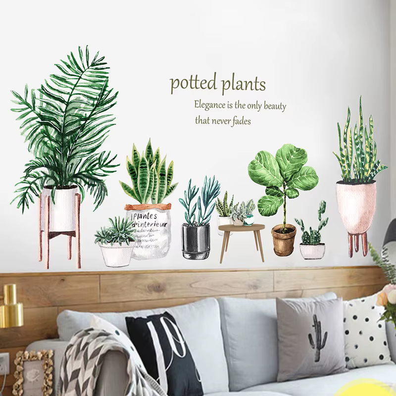 Autocollant mural amovible motif cactus en pot pour plinthe, décoration de cuisine, salon, et décalc