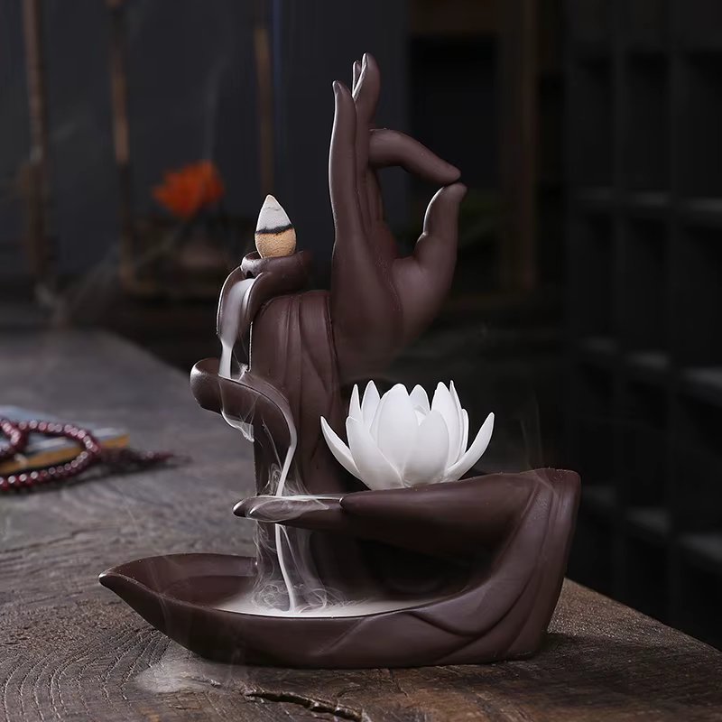 Brûleur d'encens à reflux en argile violette fait à la main, porte-bâton d'encens Zen Lotus, encenso