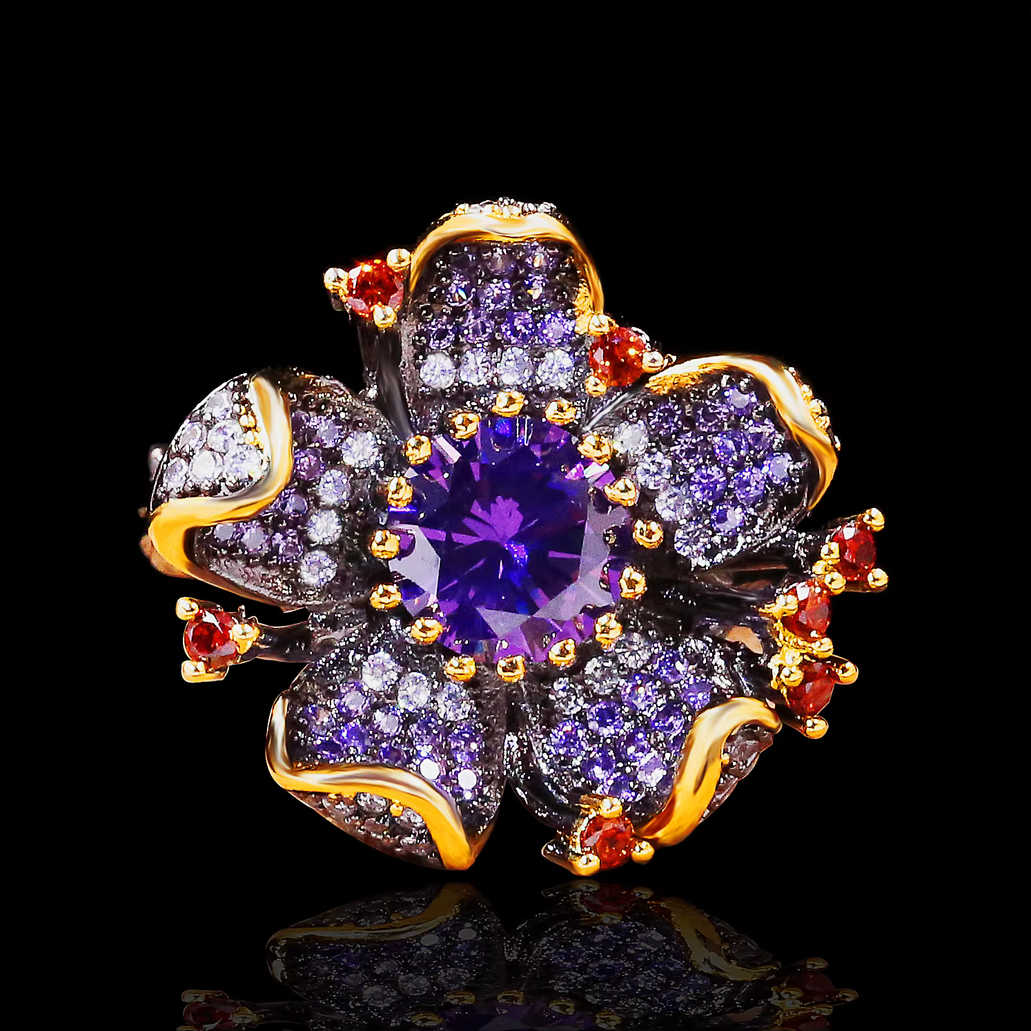 Bague en argent 925 pour femmes, Unique, noir, or, en forme de fleur, Zircon violet, brillant, bijou