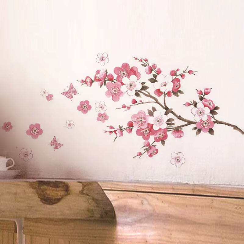 Autocollants muraux en forme de branche d'arbre à fleurs de cerisier, décoration de fond pour salon 