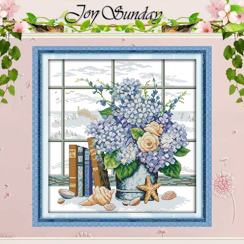 Ensemble de points de croix comptés à motifs de fleurs bleues élégantes, bricolage 11CT 14CT 16CT es