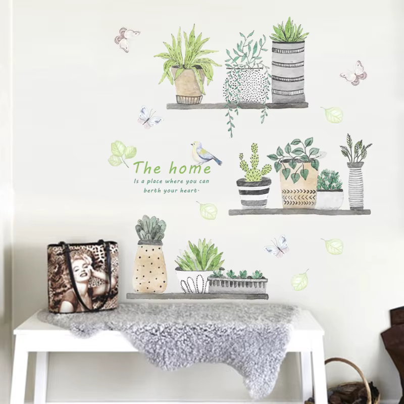 Autocollant Mural de Style peinture de plantes en pot, Stickers artistiques, décorations de fond de 