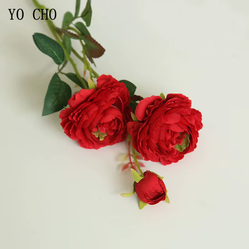 YO CHO – roses artificielles, 3 têtes, pivoines roses et blanches, en soie, décoration de jardin de 