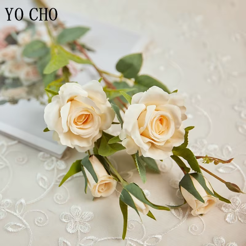 YO CHO – roses artificielles en soie, fausses fleurs de haute qualité, longue branche, 5 têtes, pour