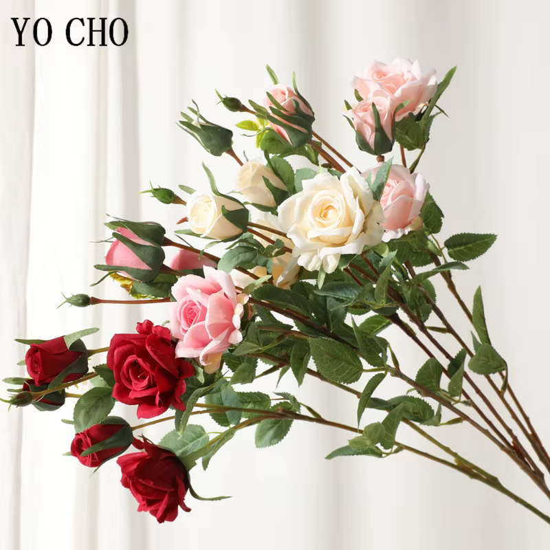 YO CHO – roses artificielles en soie, fausses fleurs de haute qualité, longue branche, 5 têtes, pour