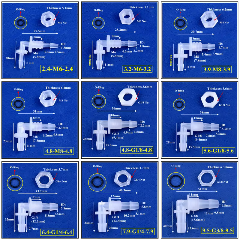 Connecteur coudé pagode PP M6 ~ G1/2 à 2.4-11.1mm + écrou joint torique adaptateur de réservoir d'aq