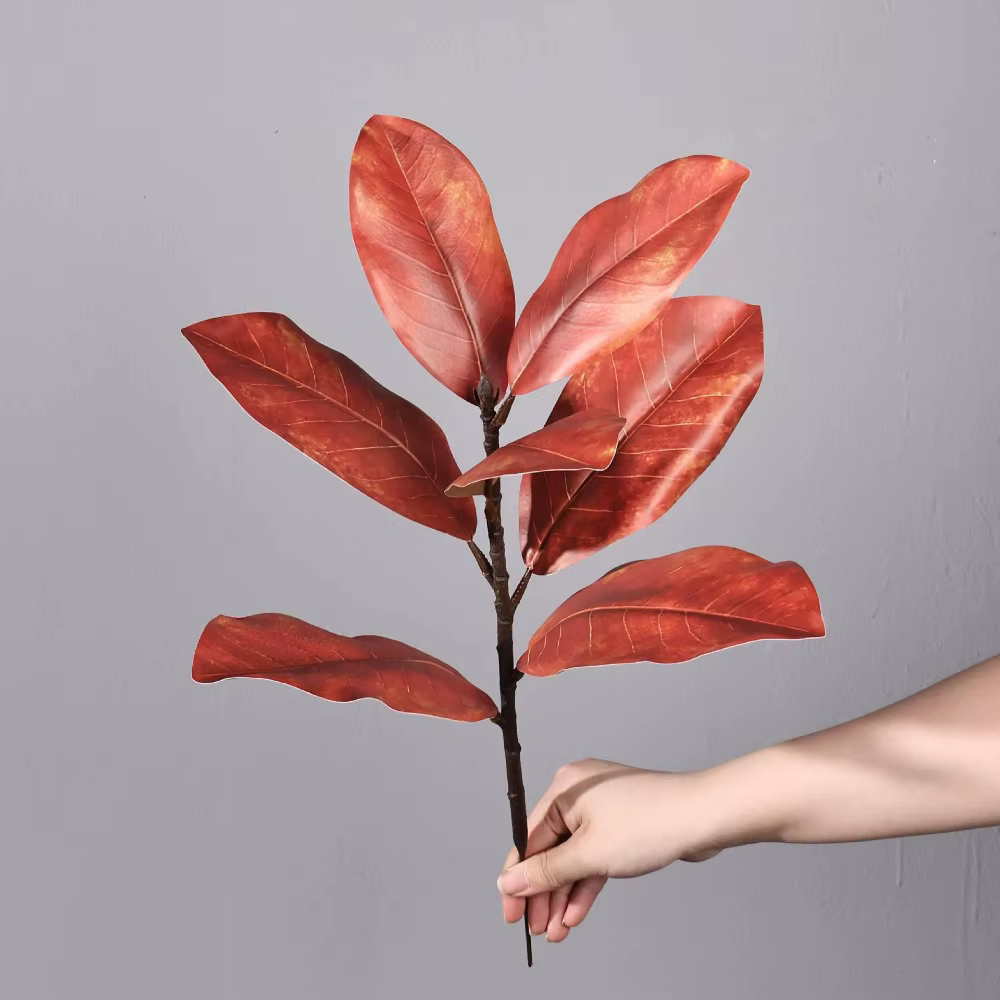 Feuilles de Magnolia Artificielles Rouge et Vert pour Composition Florale DIY, Branches de Magnolia 