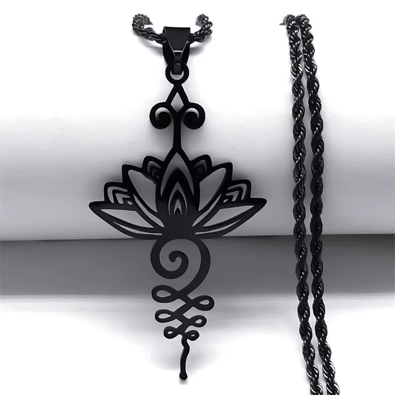Collier pendentif fleur de Lotus artistique pour femmes et hommes, en acier inoxydable, couleur noir