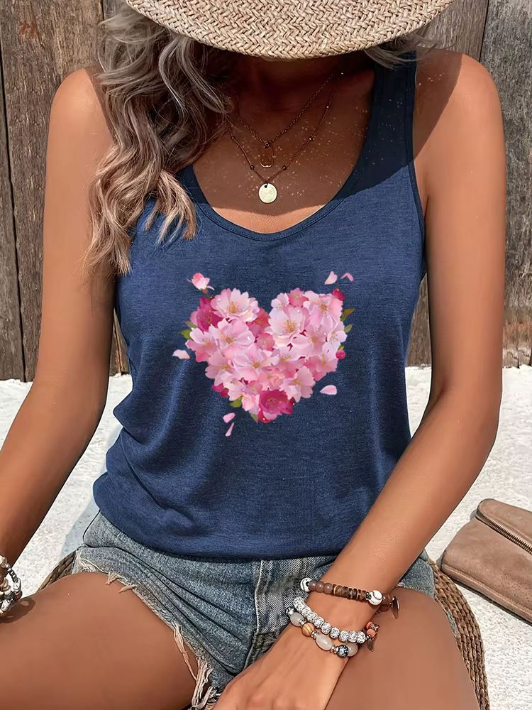 Haut court à fleurs pour femmes, graphique de coeur, rose carillon, cœurs floraux, cadeau d'amoureux