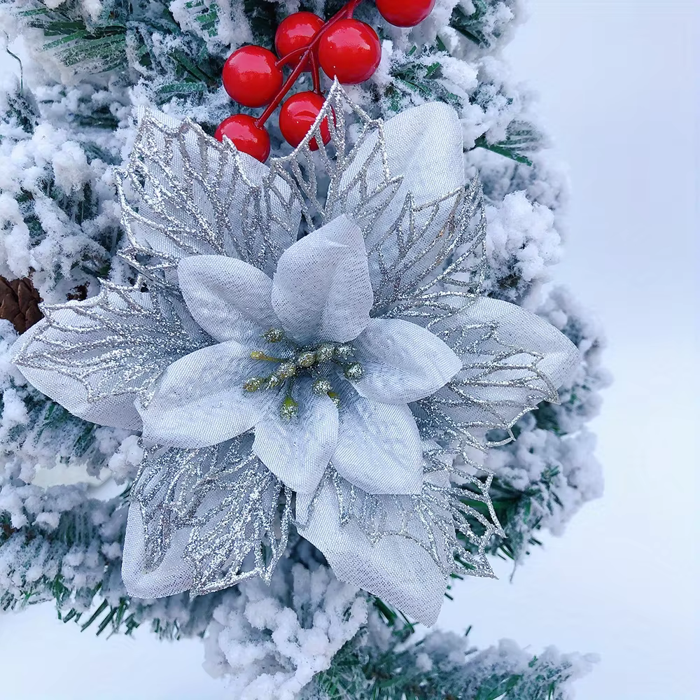 Paquet de 24 décorations de fleurs artificielles de noël Poinsettia en tissu pour arbre, couronnes,