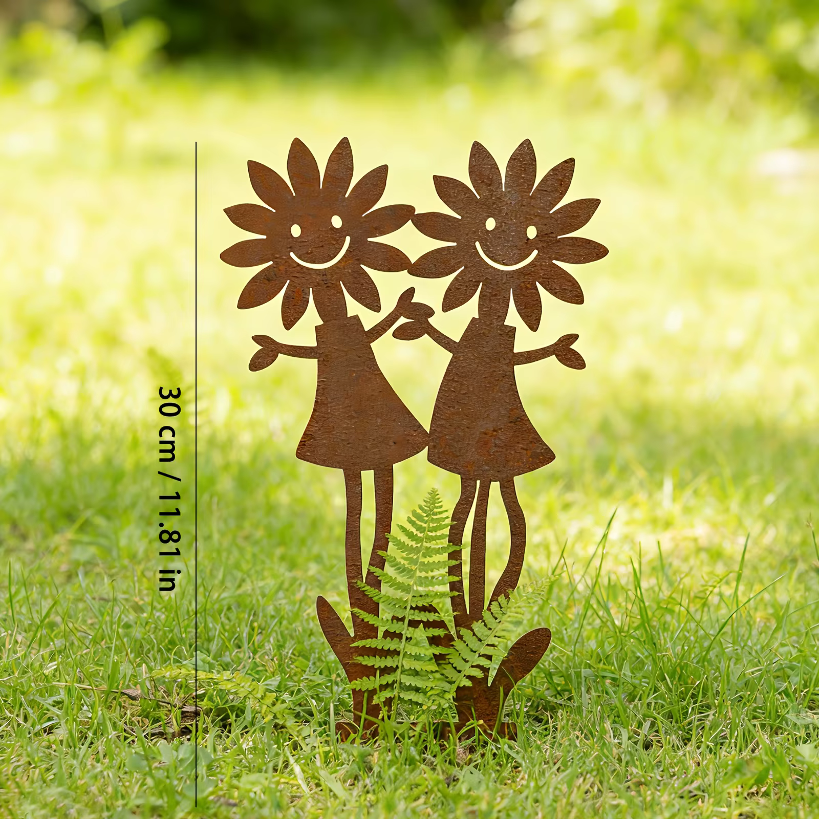 Support double pour fleurs en forme de tournesol vintage rouillé avec visage souriant - Statue décor