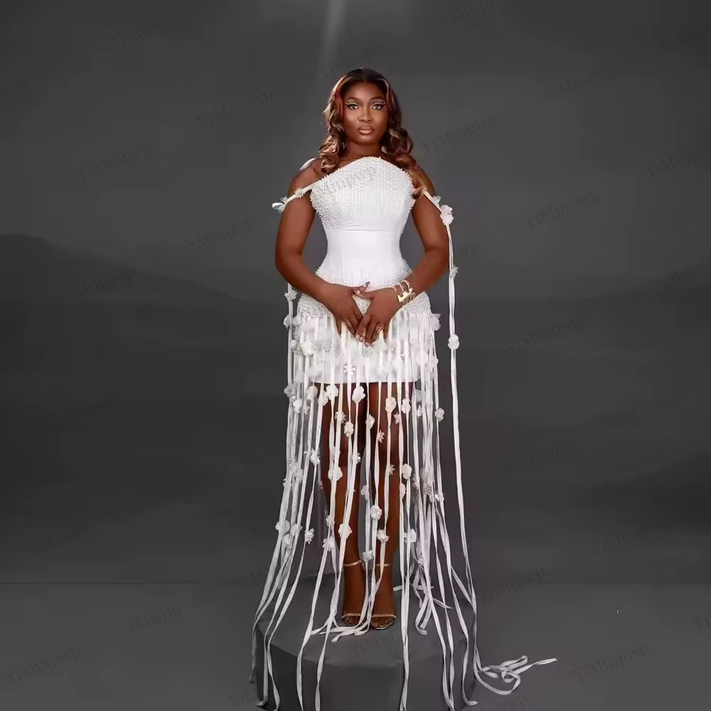 Robe de cocktail africaine 2 pièces avec perles et pompons pour femme, courte, formelle, pour soirée