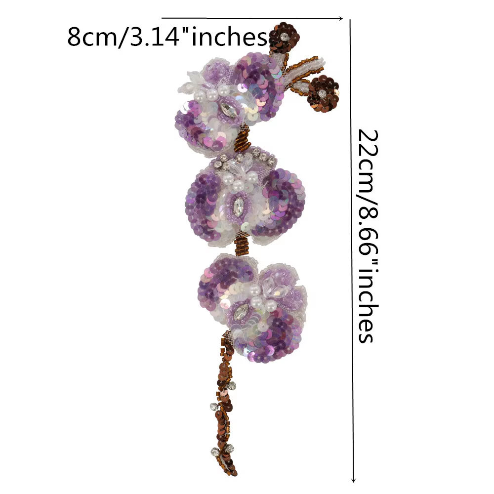 Fleur violette perlée en strass 3D faite à la main, patchs de fleurs de pêcher pour vêtements, grand