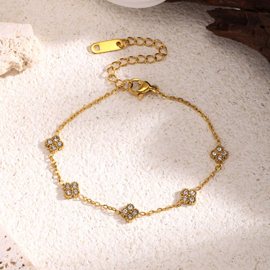 Bracelet de luxe en zircon couleur or avec motif floral - Bijoux en acier inoxydable pour femme, hyp