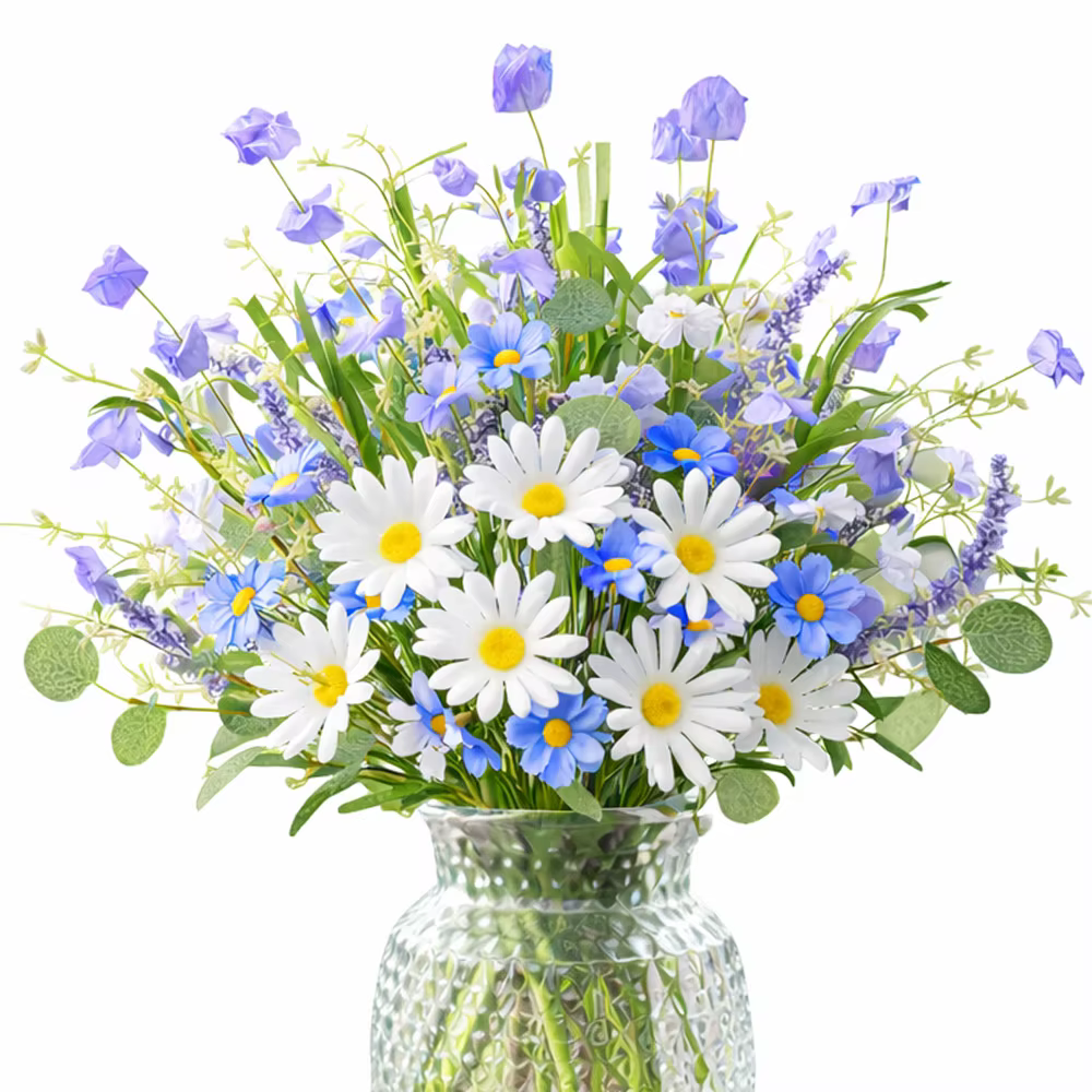 Fleurs artificielles de printemps rustiques bleues et blanches en soie, fausses fleurs sauvages avec