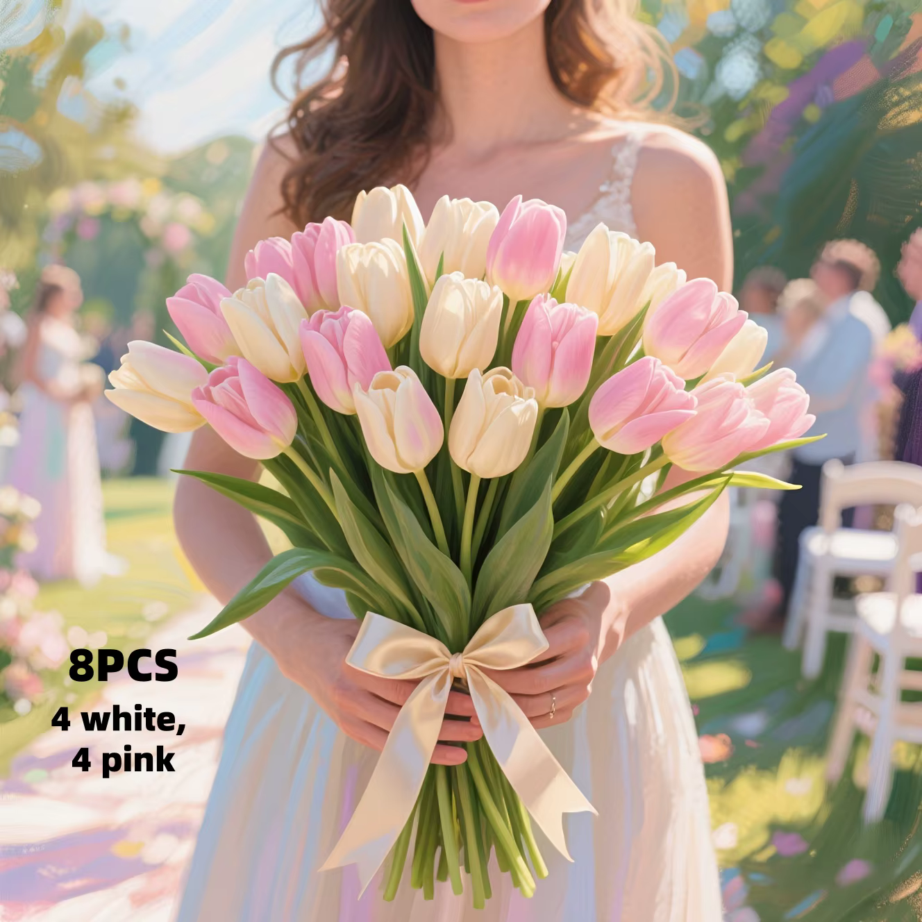 8 tulipes artificielles - 4 blancs + 4 roses, adaptées à la décoration du salon et de la table à man