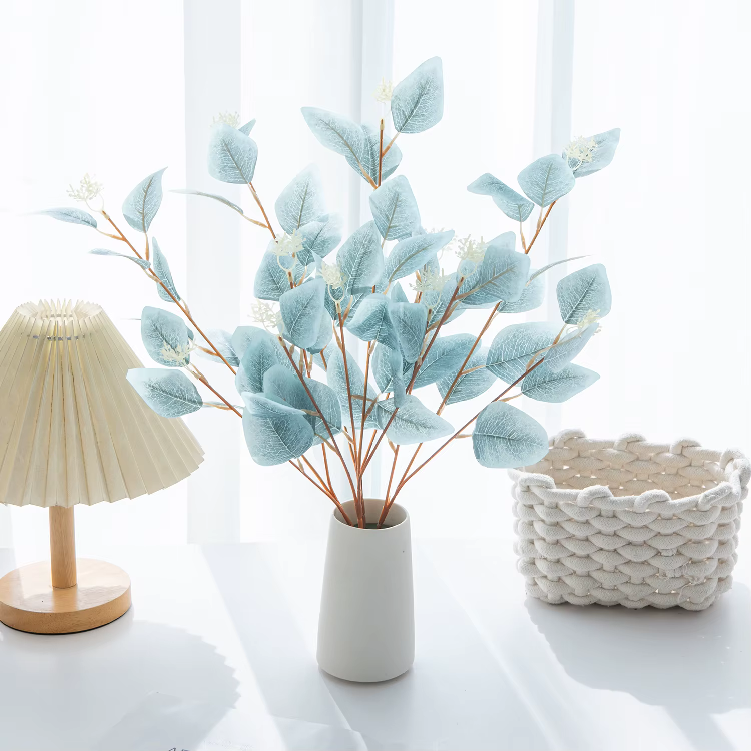 Plantes artificielles, feuilles artificielles, eucalyptus à trois branches, bonsaï, décoration de la