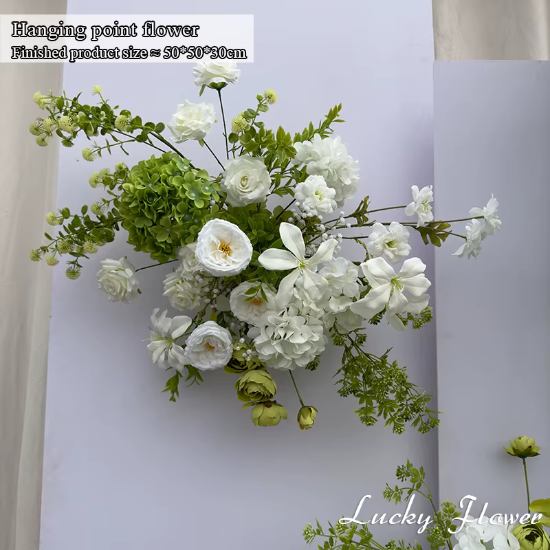 Décoration de mariage avec fleurs artificielles blanches et vertes, arrangement floral pour toile de