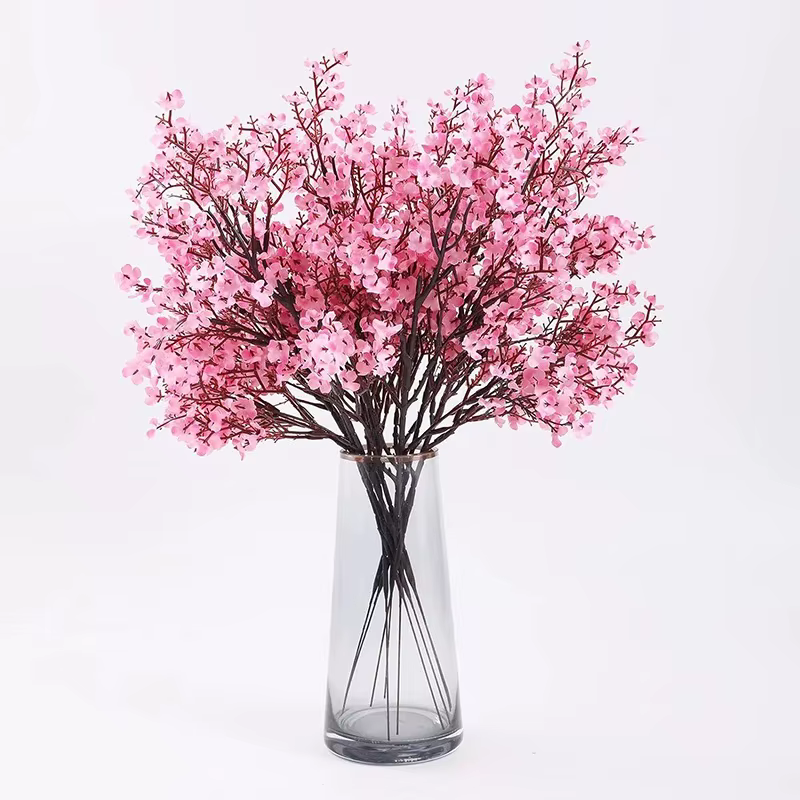 Fleurs artificielles roses, fleurs de cerisier Gypsophila, fausses plantes, Bouquet de mariage, Vase