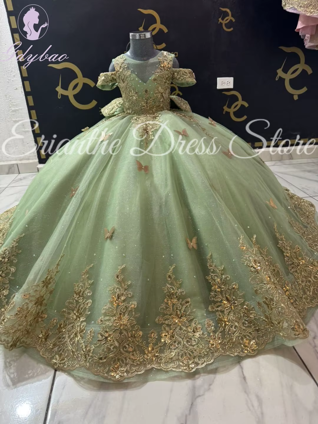 Robe à fleurs vertes pour filles, pour mariage, en Tulle, avec des appliques de papillons 3D, pour f