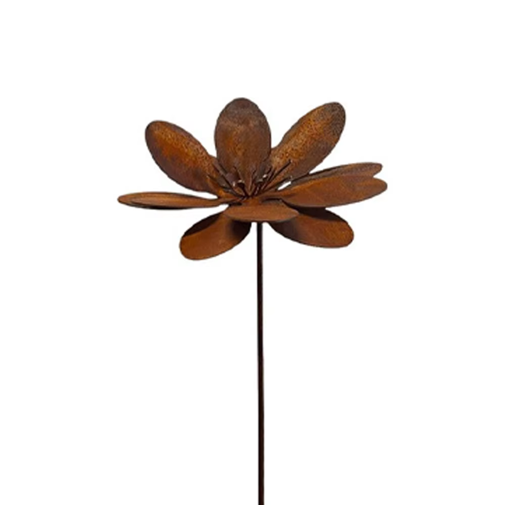Piquet de jardin en fonte métallique, motif floral, finition patinée effet rouille vintage, style fe