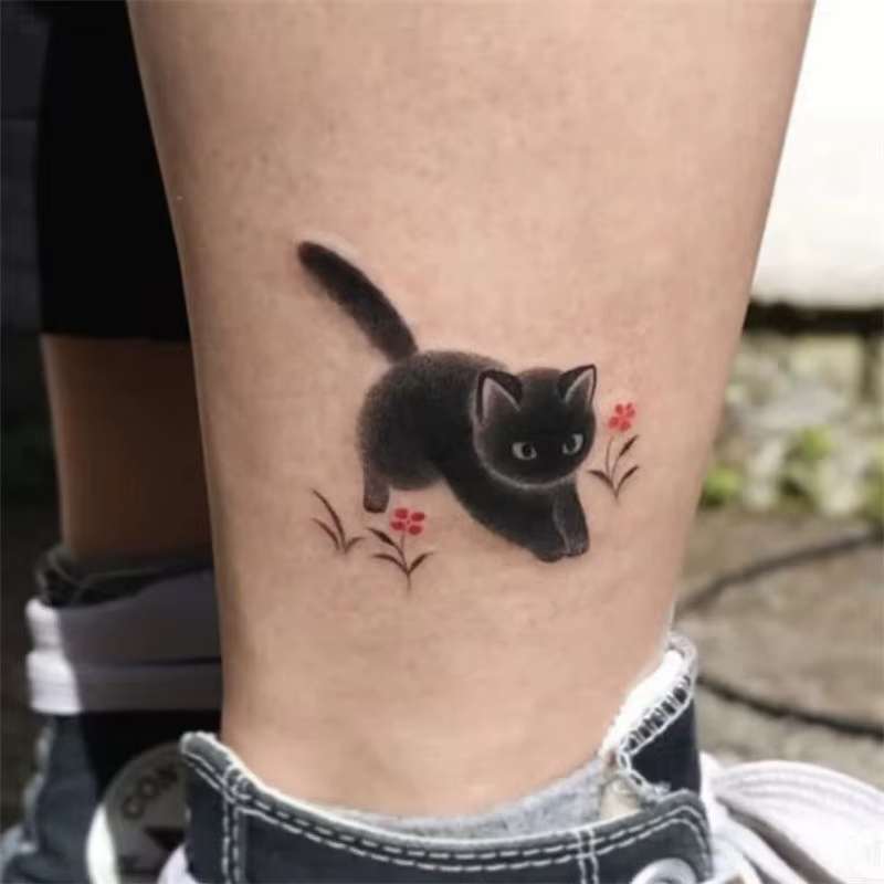 Tatouages Temporaires de Chat Noir et Fleur pour Homme et Femme, Autocollants Imperméables, Art Dura