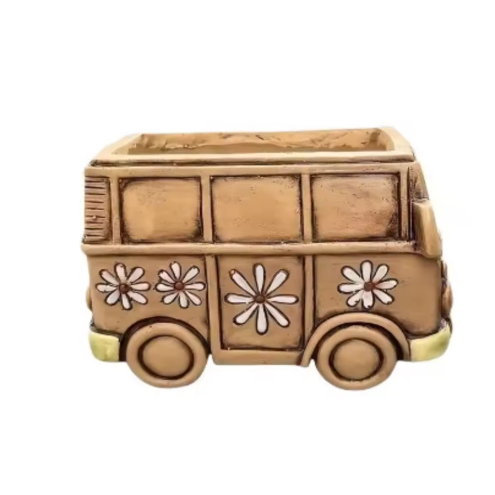 Pot de fleurs en forme de bus hippie rétro, décoration paix et marguerites, jardinière en résine pou