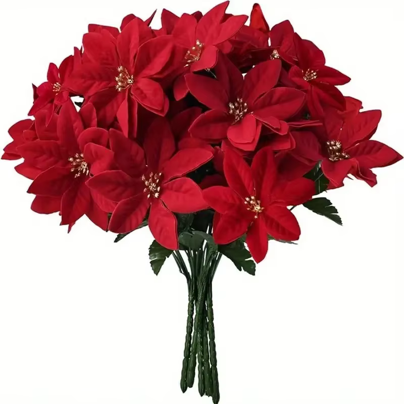 Bouquets de fleurs de noël artificielles, Poinsettia rouge, pour noël, maison, jardin, Table, Vase, 