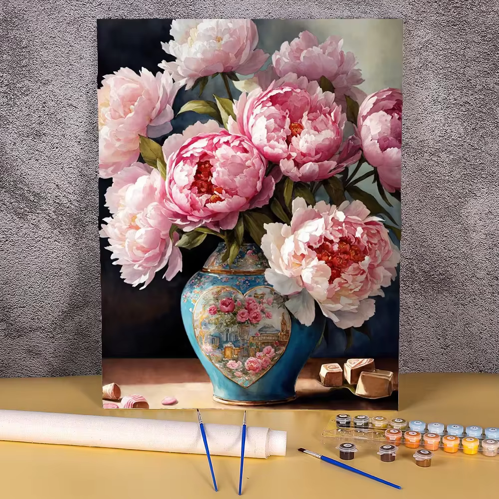 Peinture par numéros Fleurs de pivoine pour adultes, kit DIY avec numéros sur toile, décoration mura