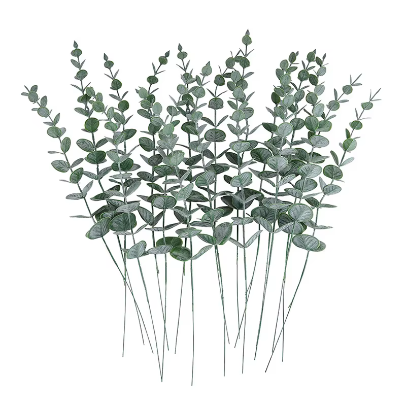 Feuilles d'eucalyptus artificielles, plantes vertes, branches du cuir chevelu, couronne de fleurs, b