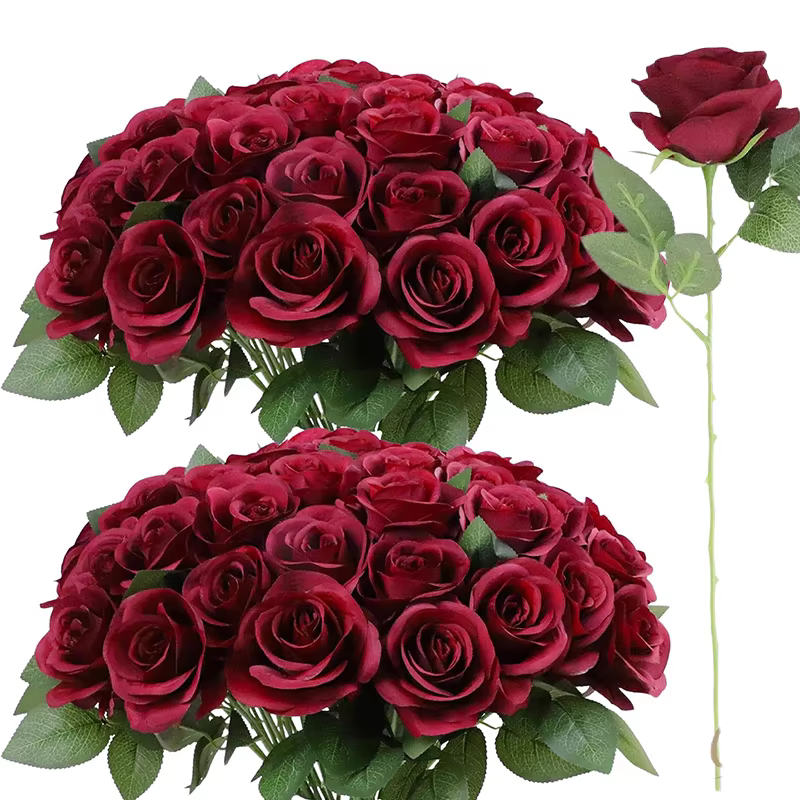 52 roses bordeaux artificielles, fleurs en soie de 3,5 pouces, grandes roses avec tiges pour bouquet