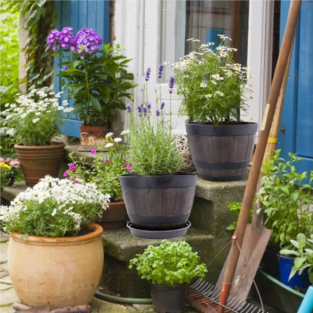 Simulation de barils de bois, Pot de fleur en résine de 9 pouces, jardinière en forme de seau de Sty