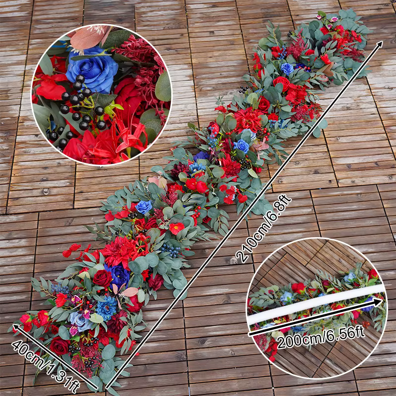 Plantes rouges et bleues, vigne verte, chemin de fleurs de Table, décor de réception de mariage, Arr