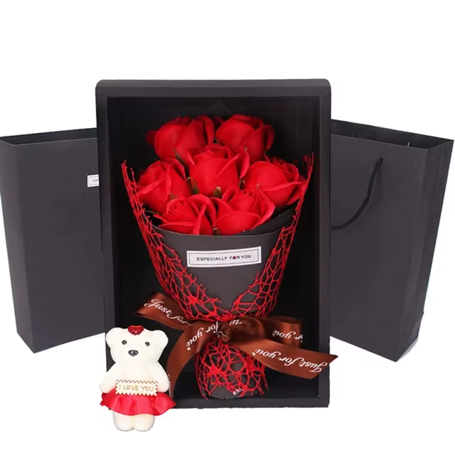 Bouquet de fleurs artificielles Leon's Day, 7 roses, boîte cadeau, ours en peluche, décoration d'int
