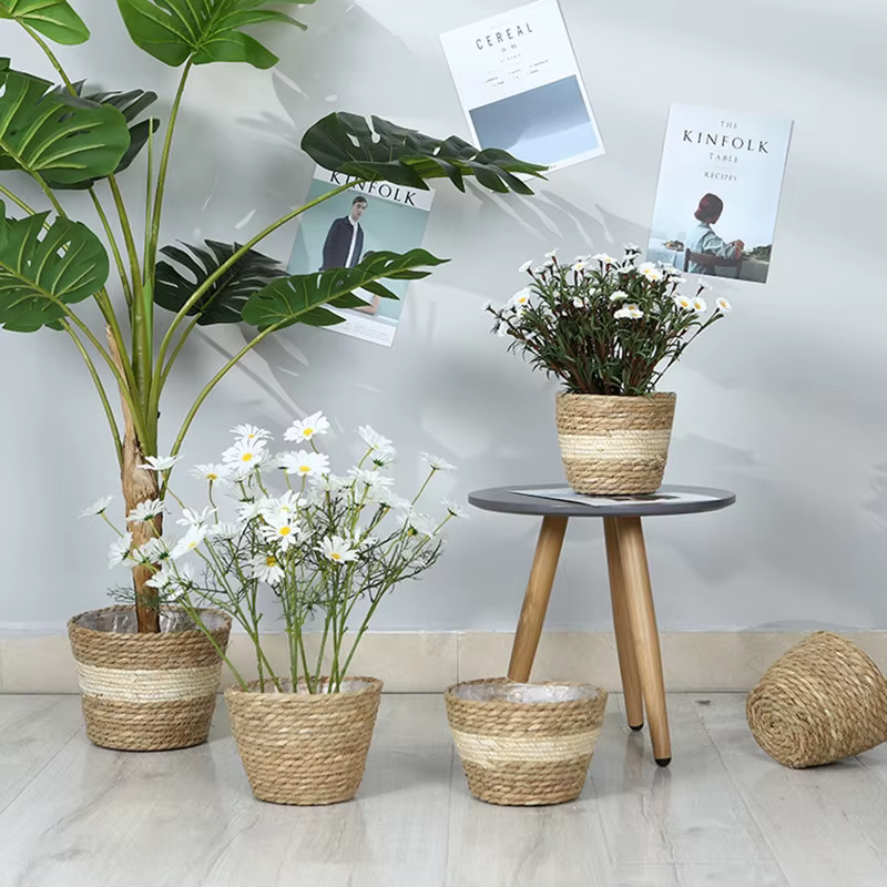 Pot de plantes à fleurs tissées en paille, panier de jardinière d'herbe, couverture de Pot de fleurs