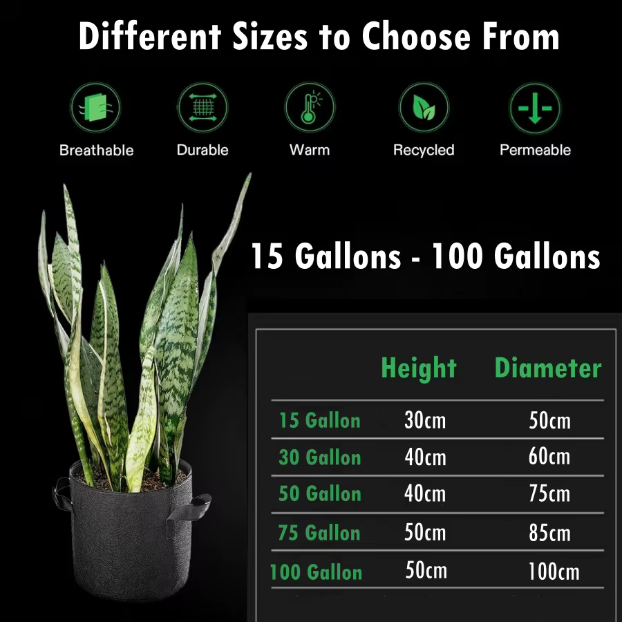 Grands sacs de culture de plantes non tissées, 15 à 100 Gallons, 2 pièces, avec poignées, Pots de pl