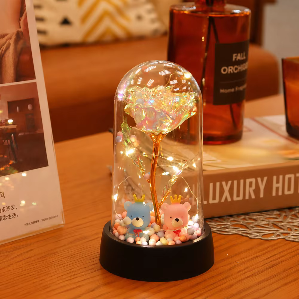 Rose artificielle en feuille d'or avec couvercle en verre, fleur éternelle LED, cadeau romantique po