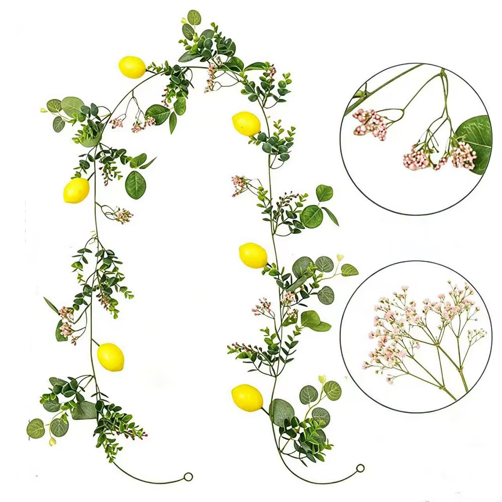 Fleurs en soie, vigne de citron artificielle, feuilles vertes, longueur 200 cm, couronne de vigne de