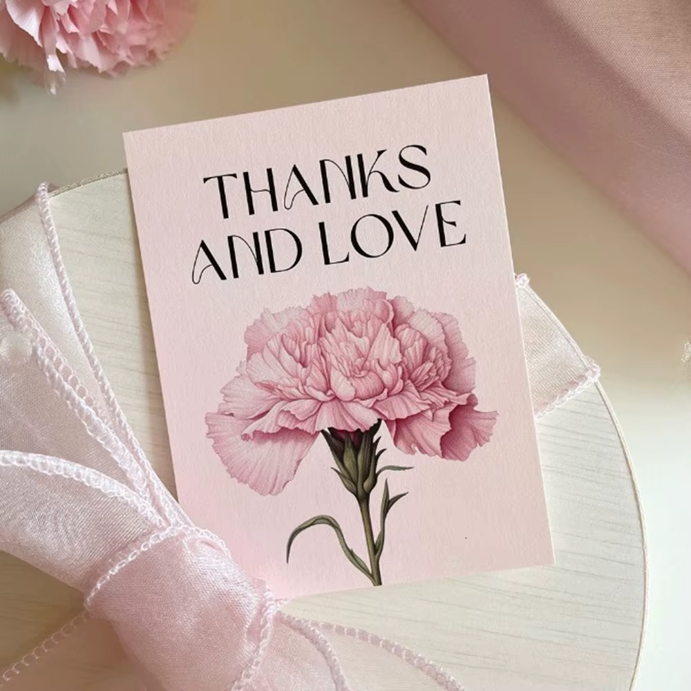 Cartes de remerciement florales œillets, étiquettes de messages vierges pour anniversaire/fête des m