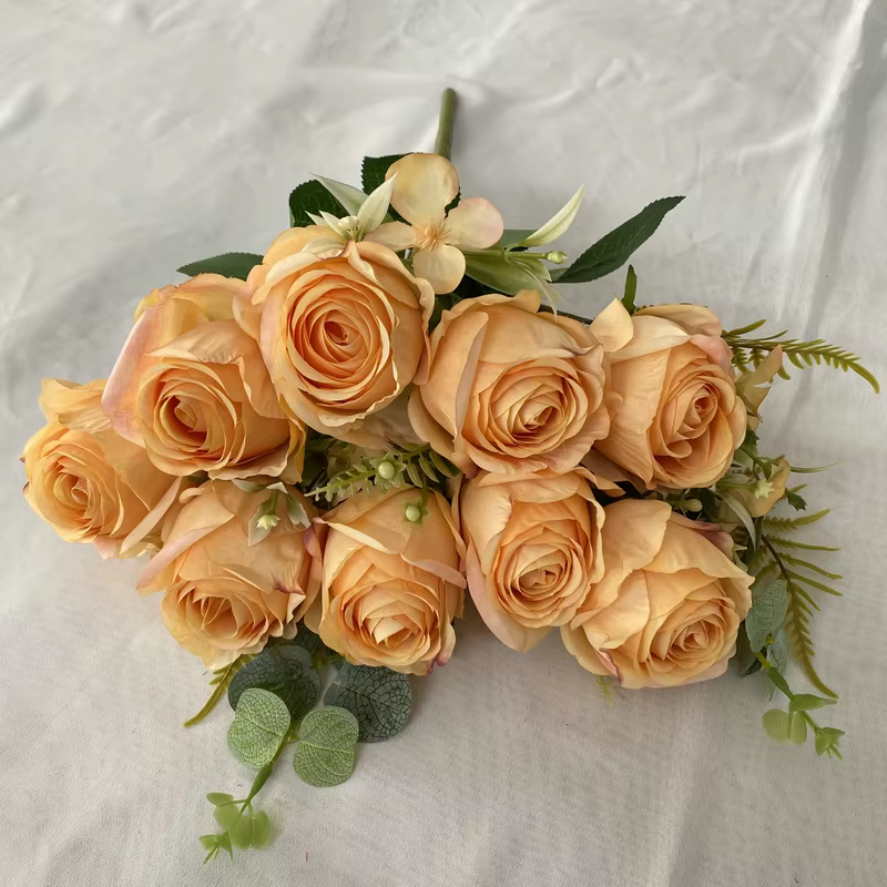 Roses de couleur Caramel nordique, Simulation de fleurs artificielles, 11 fourchettes, Bouquet de ro