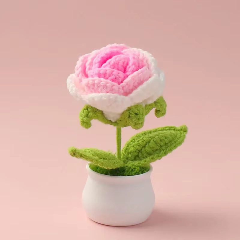 Crochet Rose fleur mignon à la main fleur en pot plantes artificielles créatives Flores Crochet bure
