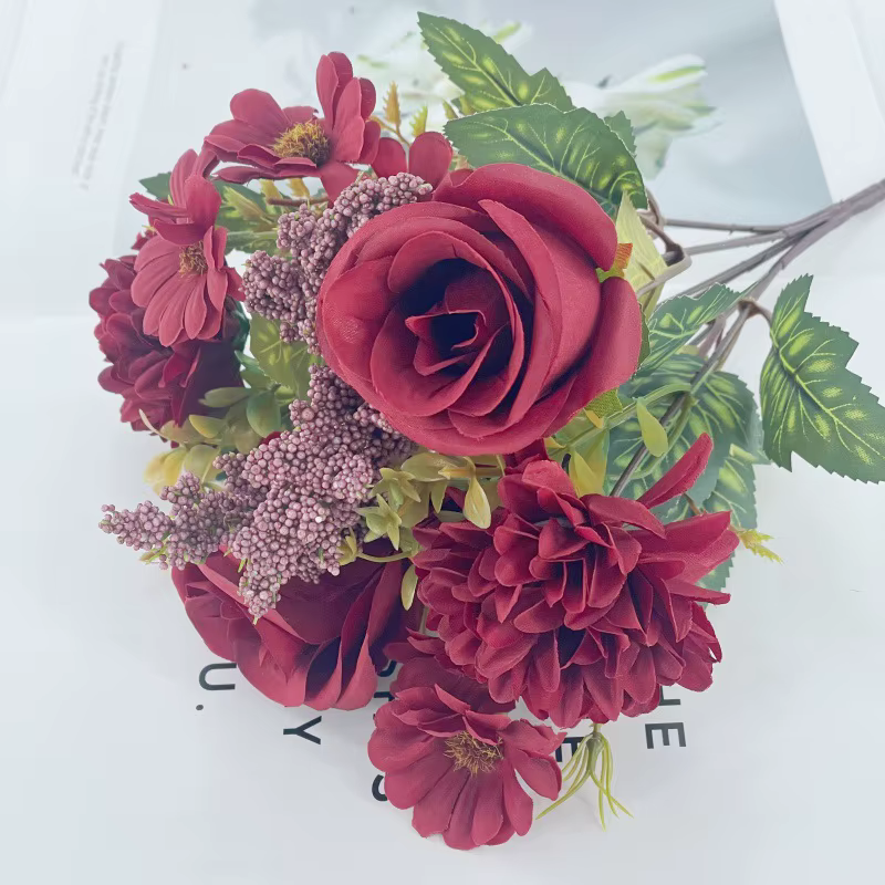 Bouquet de chrysanthème de roses artificielles de couleur d'automne, 7 fourchettes, fleurs d'automne