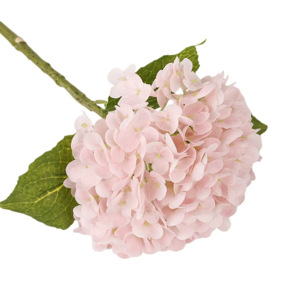 Hydrangea Macrophylla artificielle, fleur d'hortensia, feuille verte, simulation réaliste au toucher